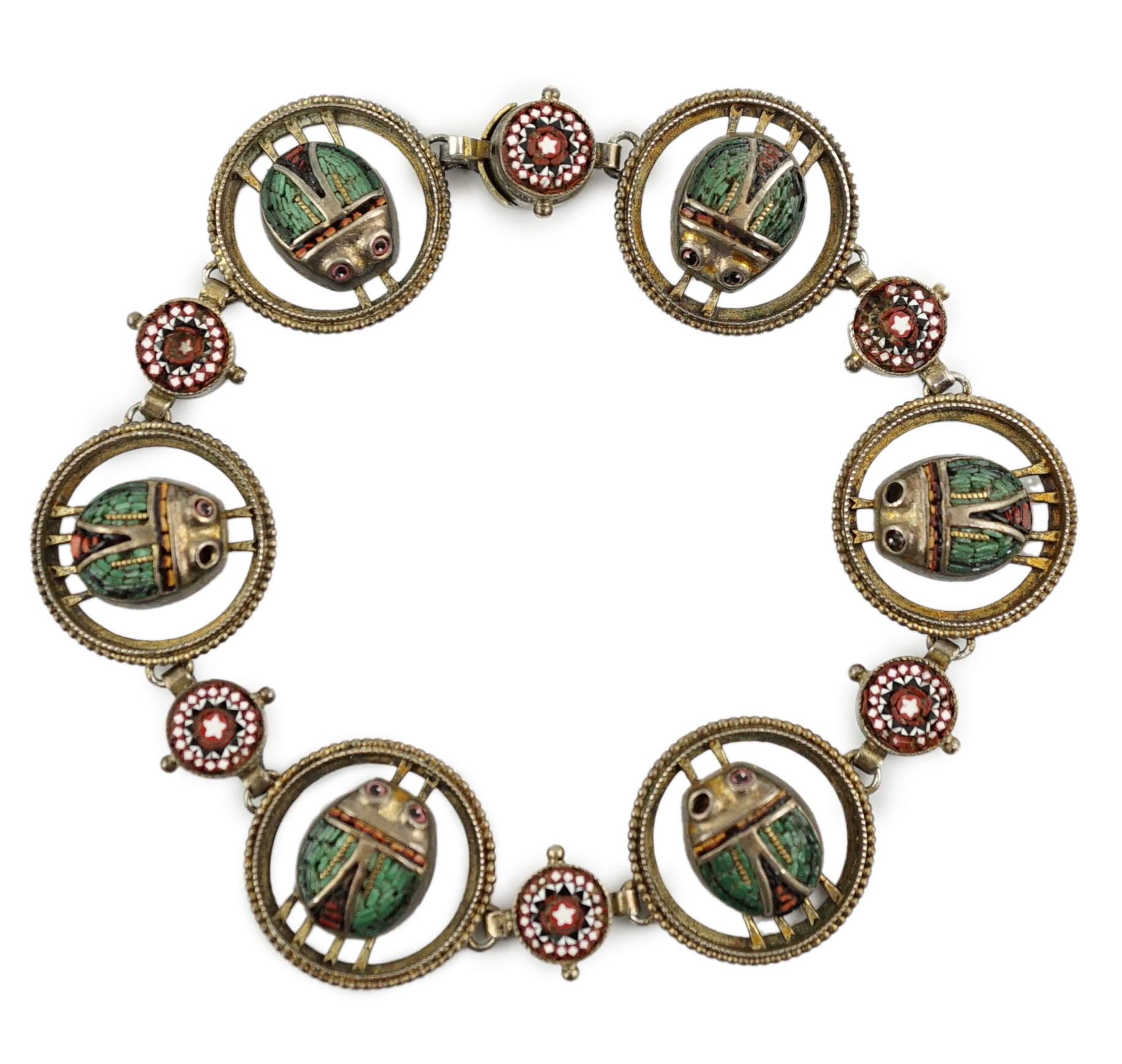 A late 19th/early 20th century parcel gilt silver and micro mosaic set 'scarab' bracelet